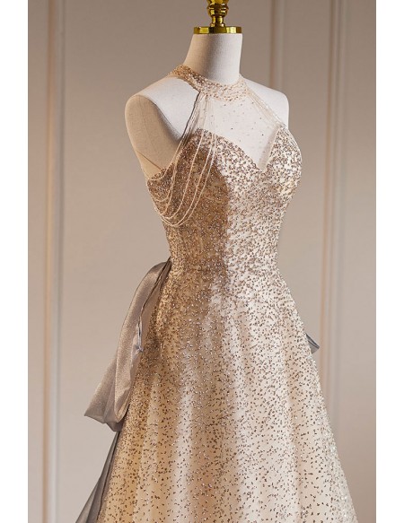 Noble Champagne Sequined Long Halter Prom Dress with Big Bow Train