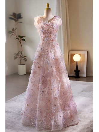 Fairytale Pink Aline Flowers Prom Dress with Sequins Petals