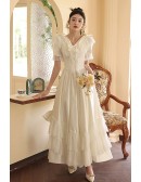 Retro Satin Lace White Wedding Dress with Short Sleeves