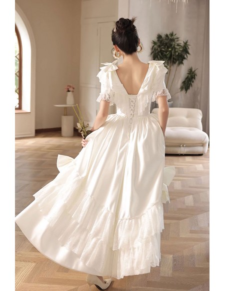 Retro Satin Lace White Wedding Dress with Short Sleeves