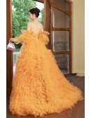 Orange Tulle High Low Prom Dress with Off Shoulder Sleeves