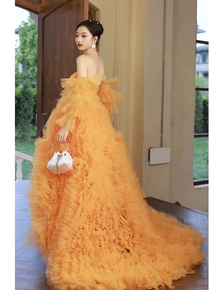 Orange Tulle High Low Prom Dress with Off Shoulder Sleeves