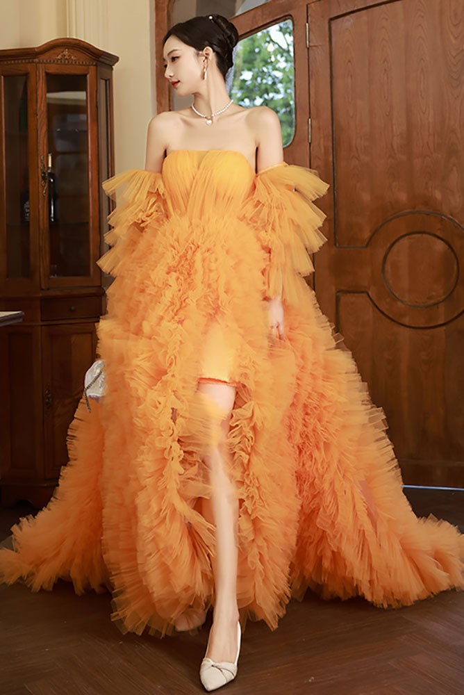 Off Shoulder Applique Long Sleeves Tulle Slit Dress Orange