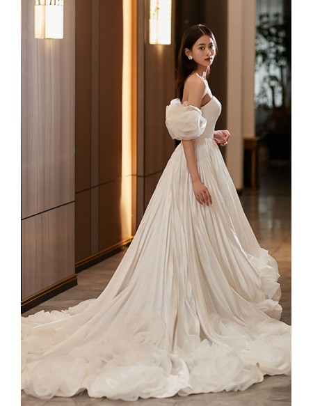 Gorgeous Satin with Ruffled Flowers Wedding Dress with Train