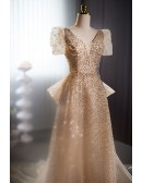 Elegant Champagne Sequined Vneck Evening Prom Dress with Bubble Sleeves