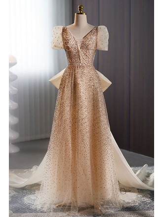 Elegant Champagne Sequined Vneck Evening Prom Dress with Bubble Sleeves