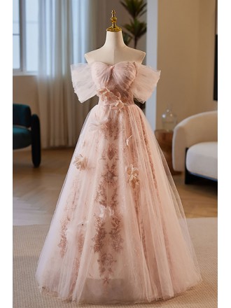 Fairytale Off Shoulder Pink Prom Dress Off Shoulder with Lace Flowers