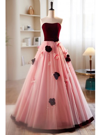 Strapless Ballgown Pink Prom Dress with Flowers
