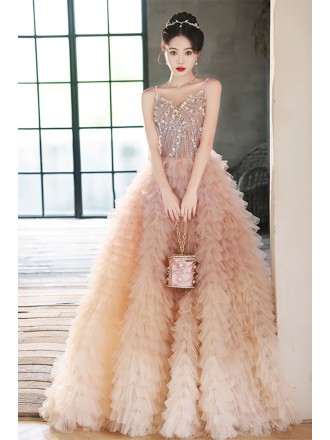 Stunning Pink Ruffled Ballgown Prom Dress with Spaghetti Straps