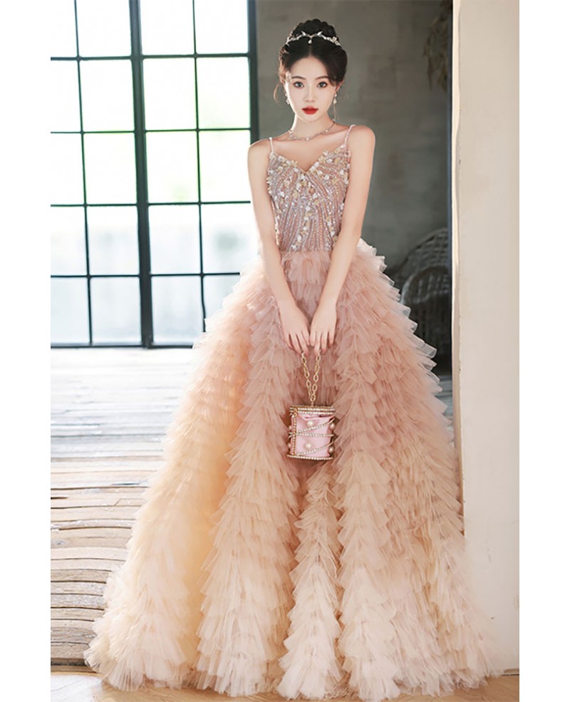 Stunning Pink Ruffled Ballgown Prom Dress with Spaghetti Straps # ...