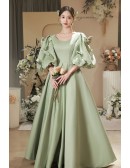 Green Satin Modest Prom Dress with Bubble Sleeves