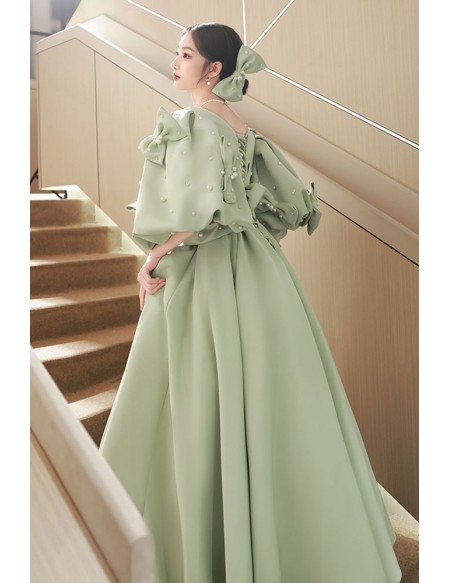 Green Satin Modest Prom Dress with Bubble Sleeves