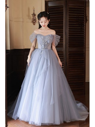 Blue Ballgown Tulle Off Shoulder Prom Dress with Beaded Flowers