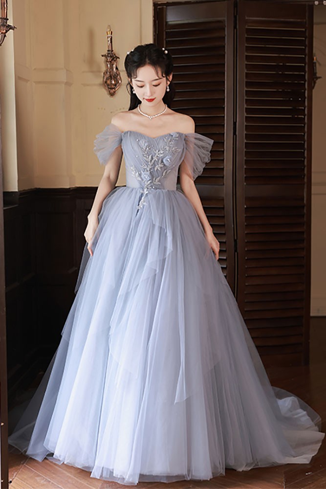 Blue Ballgown Tulle Off Shoulder Prom Dress with Beaded Flowers # ...