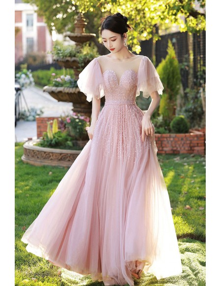 Sequined Pink Tulle Long Prom Dress with Sheer Neckline #MX18098 ...