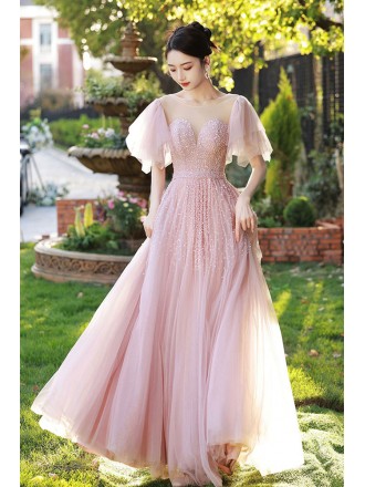 Sequined Pink Tulle Long Prom Dress with Sheer Neckline