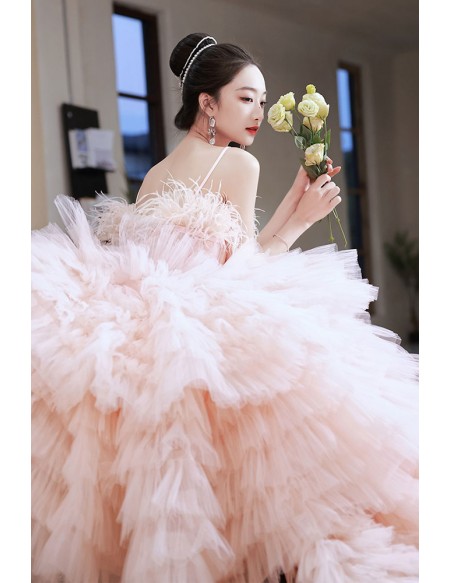 Stunning Puffy Pink Tulle Prom Dress with Long Train #MX18055 ...