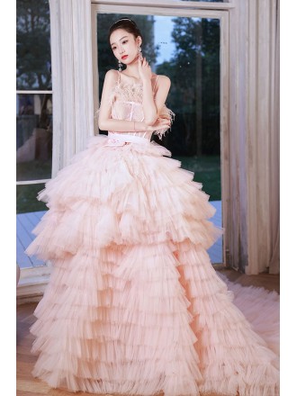 Stunning Puffy Pink Tulle Prom Dress with Long Train