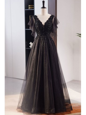 Beaded Black Tulle Vneck Prom Dress with Bling