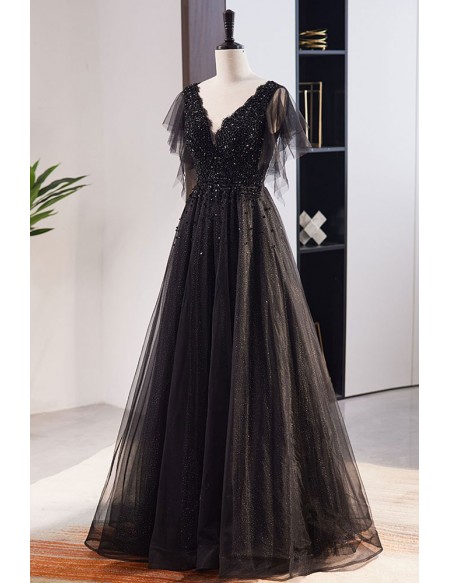 Beaded Black Tulle Vneck Prom Dress with Bling