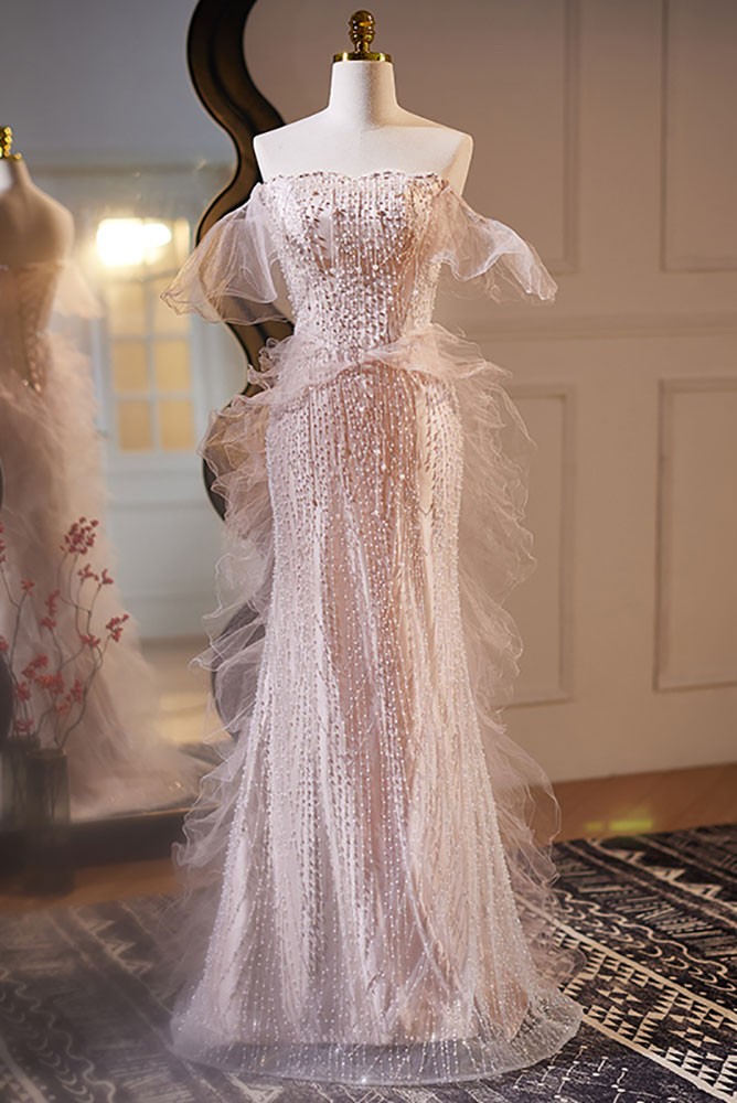 Unique Pink Pearl-Embellished Mermaid Prom Dress with Draped Bead Detail,OLP1895