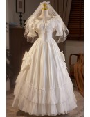 Retro Lace And Satin Ivory Ballgown Wedding Dress with Big Bows