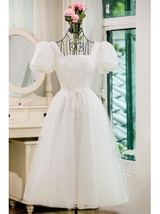 Vintage Inspired Square Neck Tea Length Wedding Dress with Bubble Sleeves