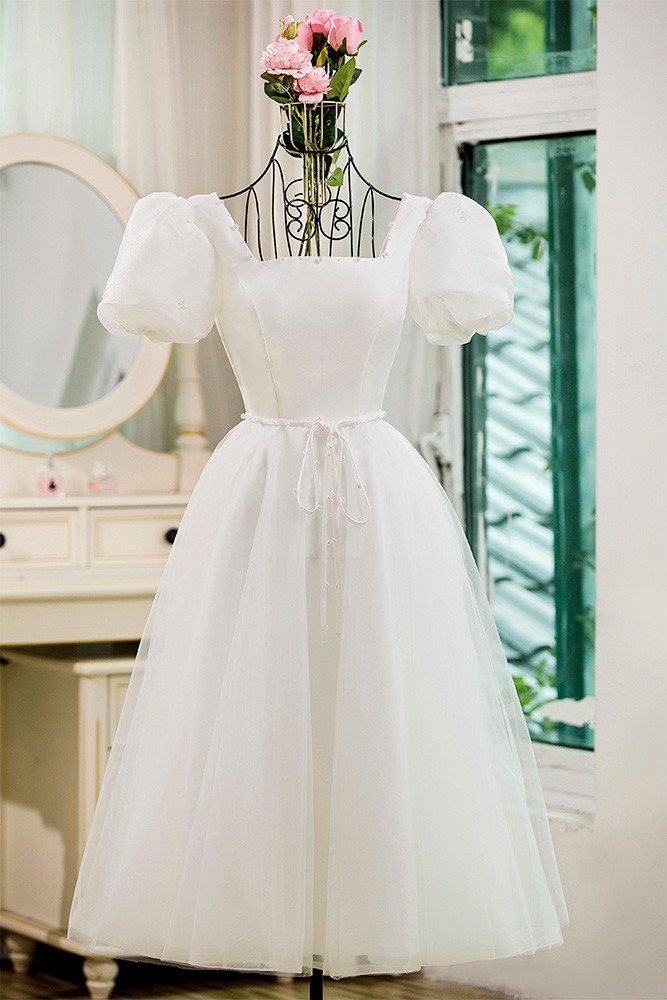 Vintage Inspired Square Neck Tea Length Wedding Dress with Bubble ...