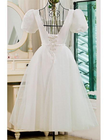 Vintage Inspired Square Neck Tea Length Wedding Dress with Bubble Sleeves