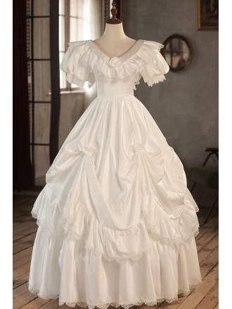 Retro Princess Ballgown Satin Ruffled Wedding Dress with Bubble Sleeves