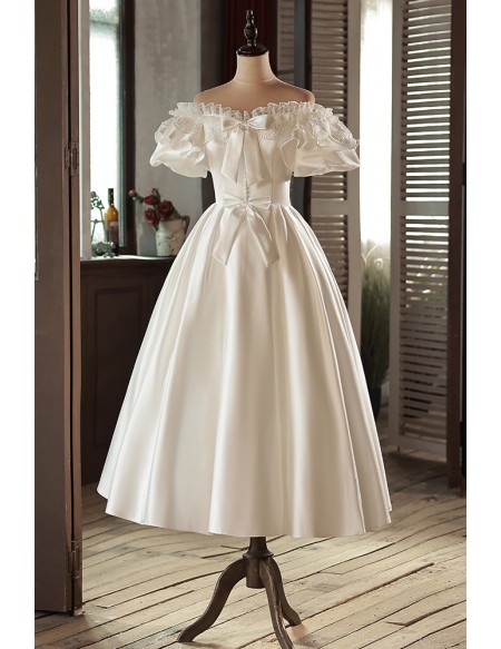 Retro Tea Length Satin Cute Off Shoulder Wedding Dress with Bows