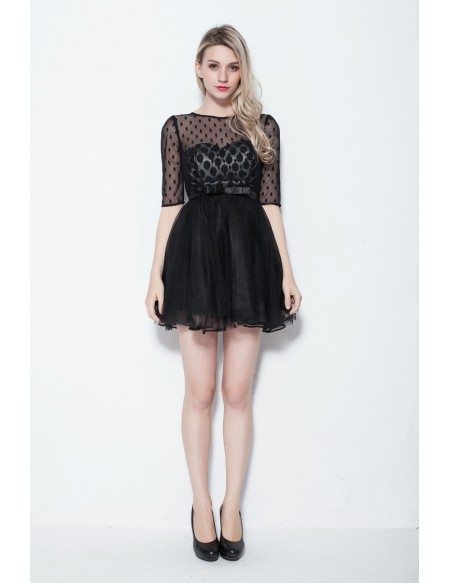 Unique Dotted Sleeves Cocktail Tulle Black Dress