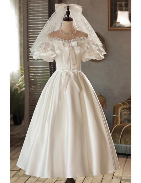 Retro Tea Length Satin Cute Off Shoulder Wedding Dress with Bows