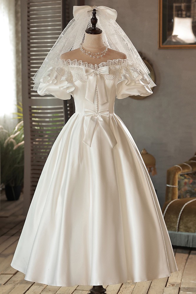 Retro Tea Length Satin Cute Off Shoulder Wedding Dress with Bows G7413 ...