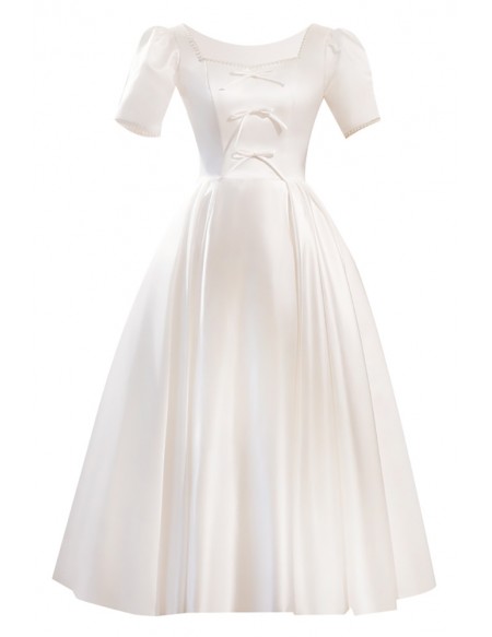 Retro Square Neck Satin Tea Length Wedding Dress with Short Sleeves