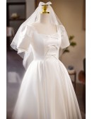 Retro Square Neck Satin Tea Length Wedding Dress with Short Sleeves