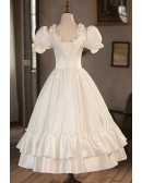 Cute Bubble Sleeved Retro Tea Length Satin Wedding Dress with Ruffles