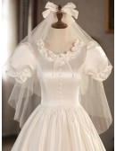 Cute Bubble Sleeved Retro Tea Length Satin Wedding Dress with Ruffles