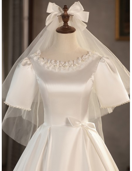 Modest Tea Length Satin Retro Wedding Dress with Lace Pearls Neckline