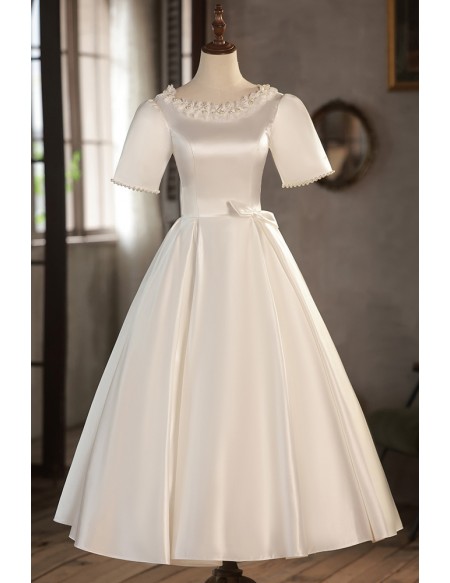 Modest Tea Length Satin Retro Wedding Dress with Lace Pearls Neckline ...