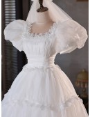 Vintage Style Tea Length Ballgown Wedding Dress with Bubble Sleeves