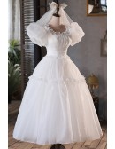 Vintage Style Tea Length Ballgown Wedding Dress with Bubble Sleeves