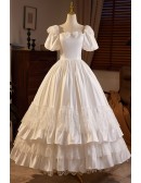 Romantic Retro Lace Satin Ballgown Wedding Dress with Bubble Sleeves