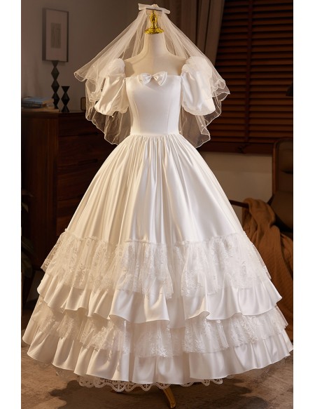 Romantic Retro Lace Satin Ballgown Wedding Dress with Bubble Sleeves