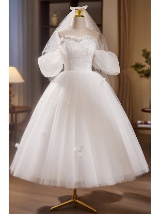 Lovely Off Shoulder Ballgown Tulle Tea Length Wedding Dress