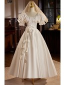 Square Lace Neckline Satin Ankle Length Wedding Dress with 3d Flowers