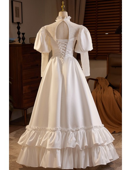 Vintage Inspired Bubble Long Sleeved Satin Wedding Dress with Collar