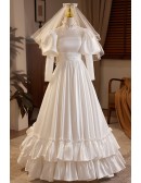 Vintage Inspired Bubble Long Sleeved Satin Wedding Dress with Collar