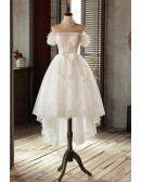 High Low Polka Dot Lace Cute Off Shoulder Wedding Dress For Fun