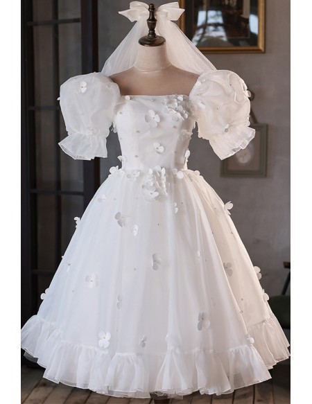 Princess Lovely Flowers Tea Length Cute Wedding Dress with Bubble Sleeves